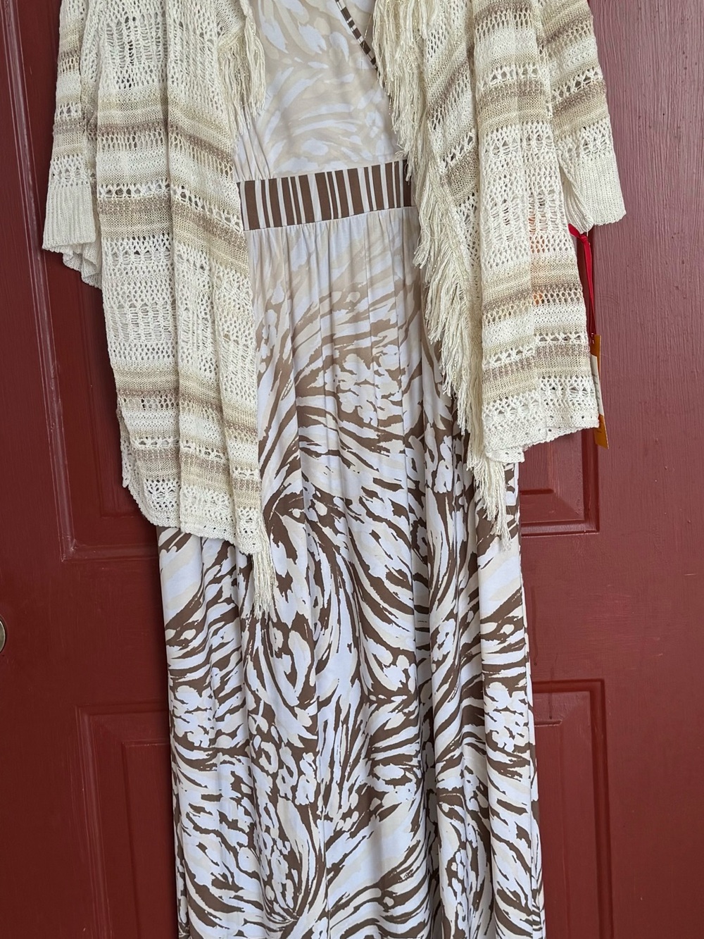 Ruby Rd. Cream & Brown Patterned Maxi Dress with Knit Overlay